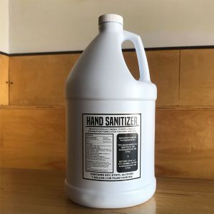White plastic gallon of hand sanitizer